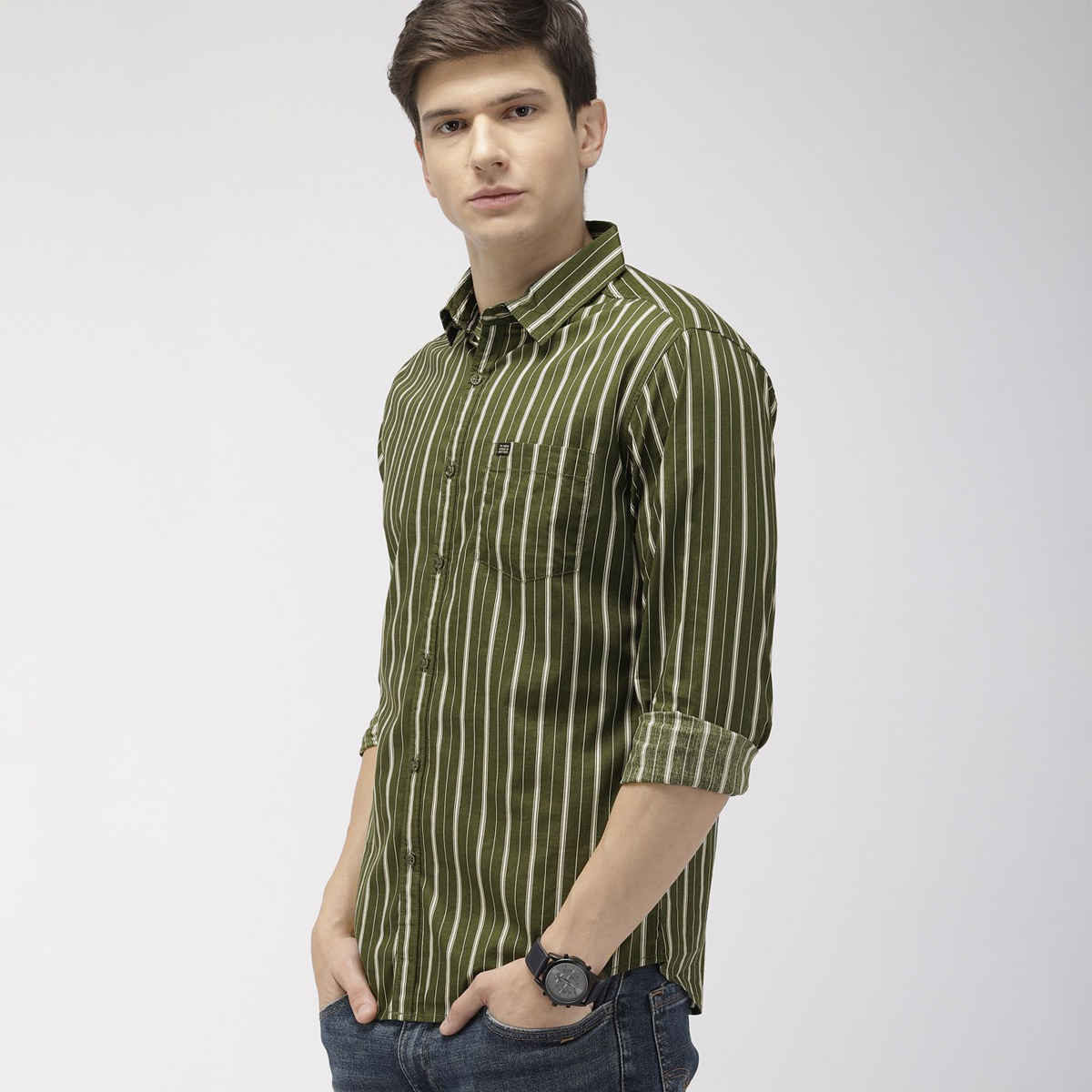 The Indian Garage Co Men's Slim Fit Multi Stripes Casual Shirt | Olive - 2XL