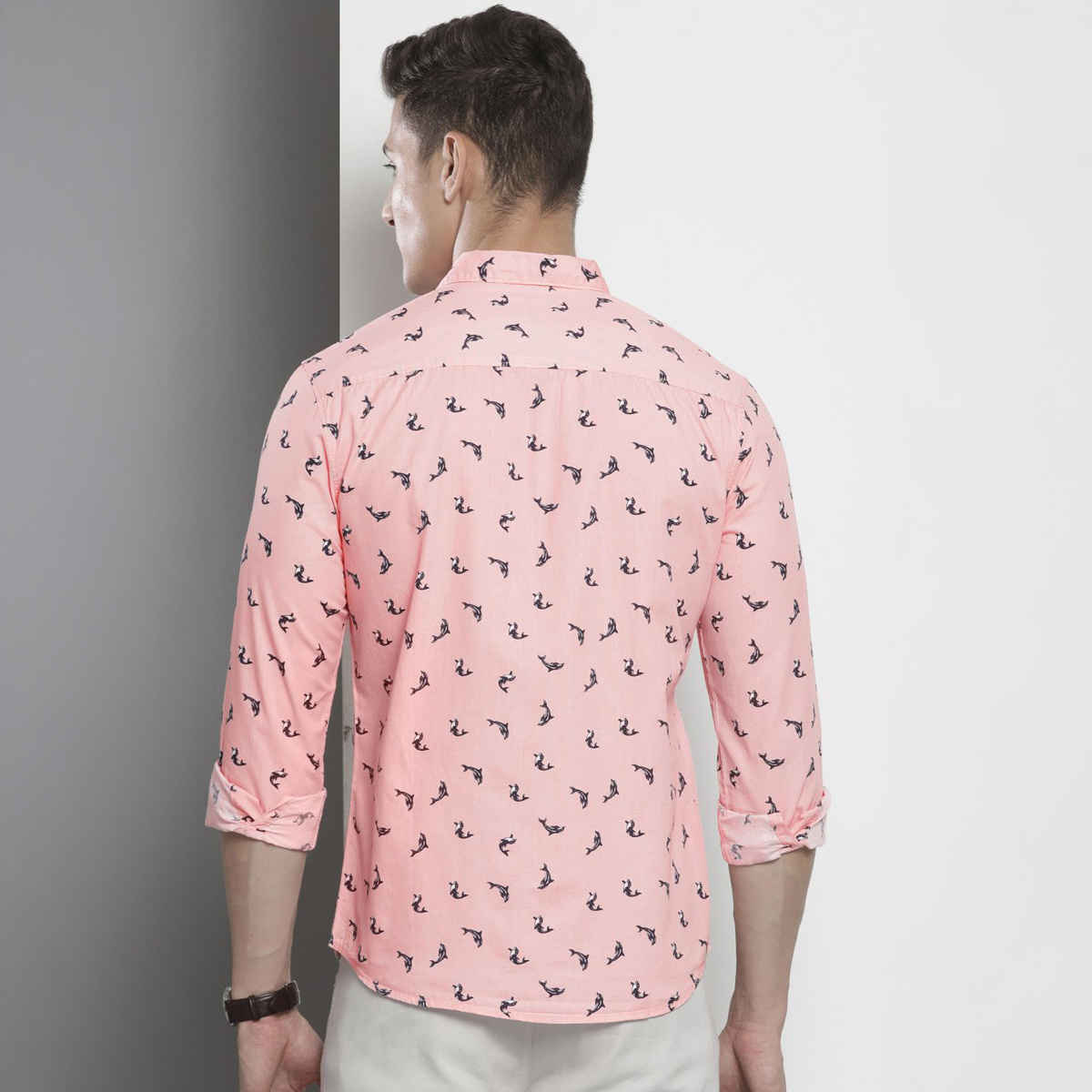 The Indian Garage Co Men's Regular Fit Aqua Print Casual Shirt | Pink - M