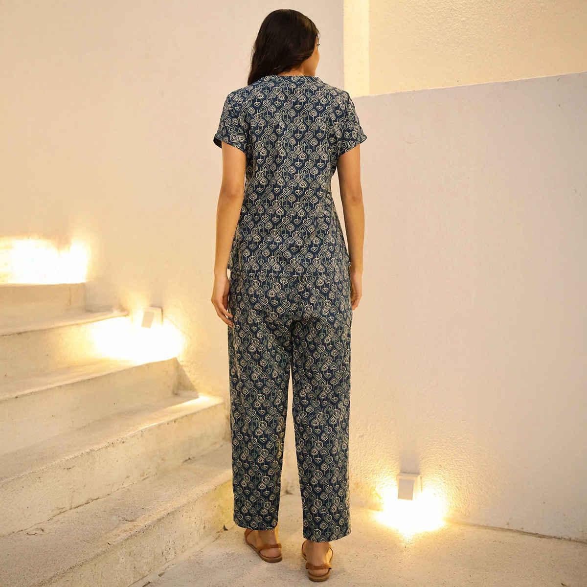 Sanskrutihomes Women's Printed Pure Cotton Night Suit | Navy Blue - L