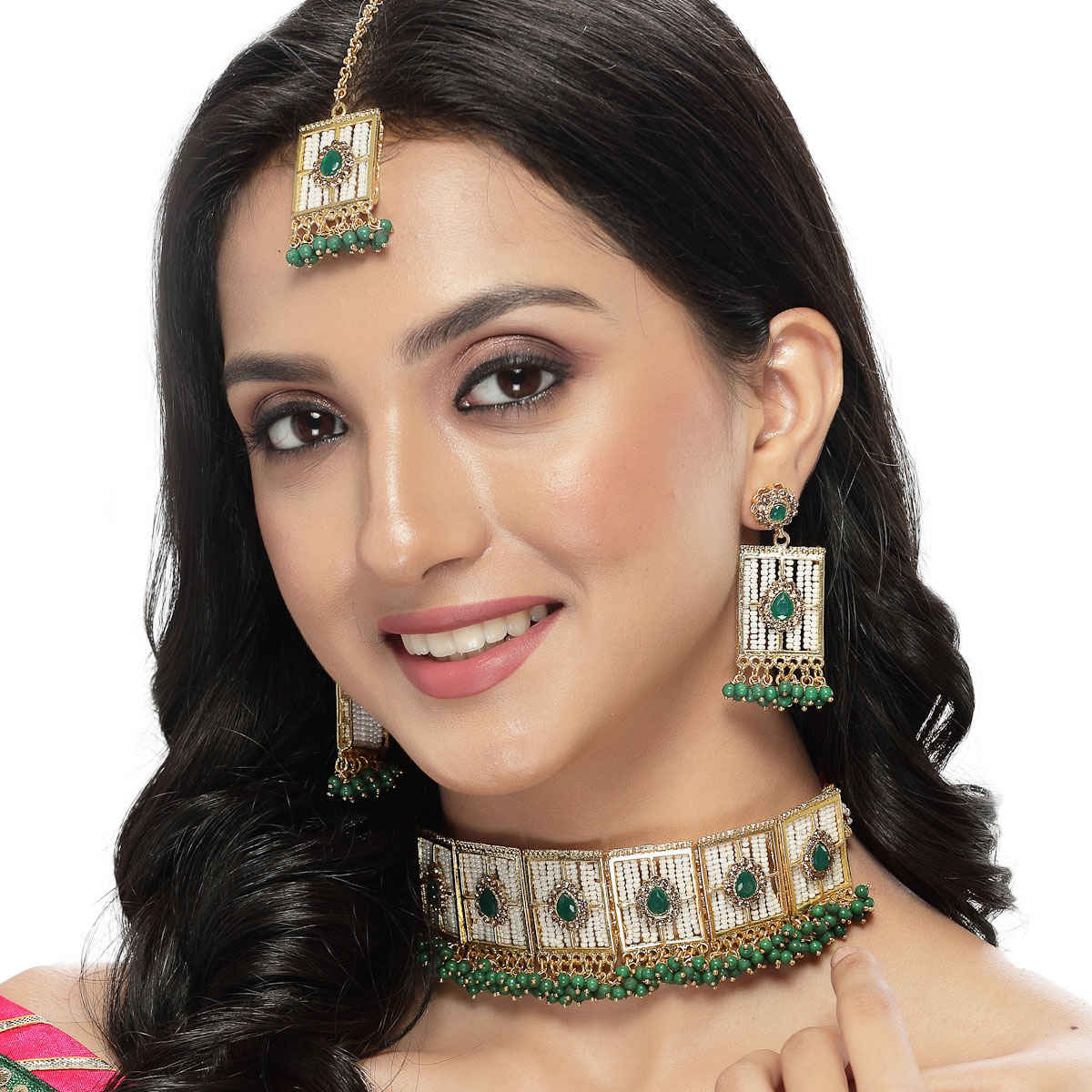 Sukkhi Urban Gold Plated Green Beads Studded Collar Necklace Set