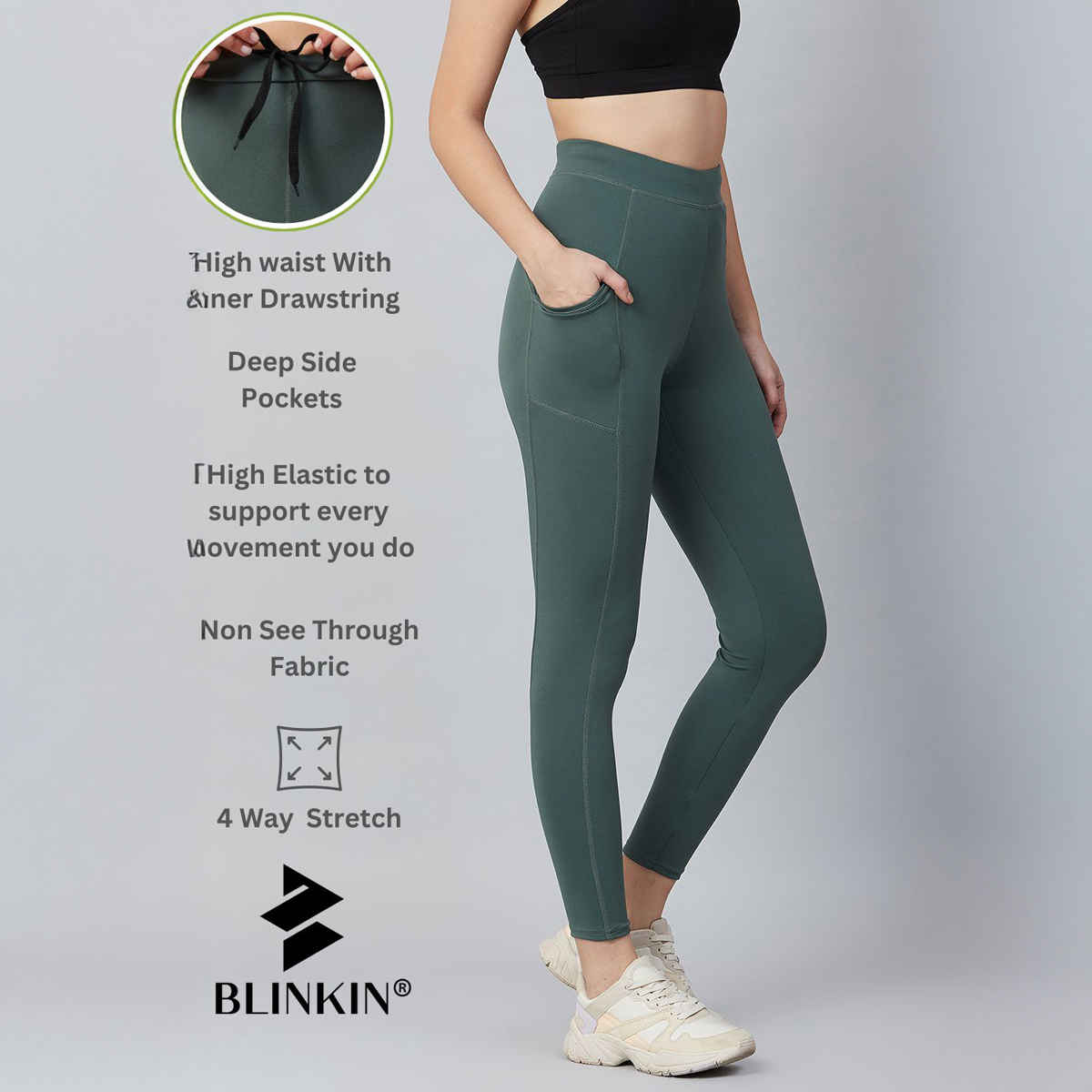 Blinkin Women's Gym Pants & Tights - Dark Green | Stretchable | With Side Pockets | XXl