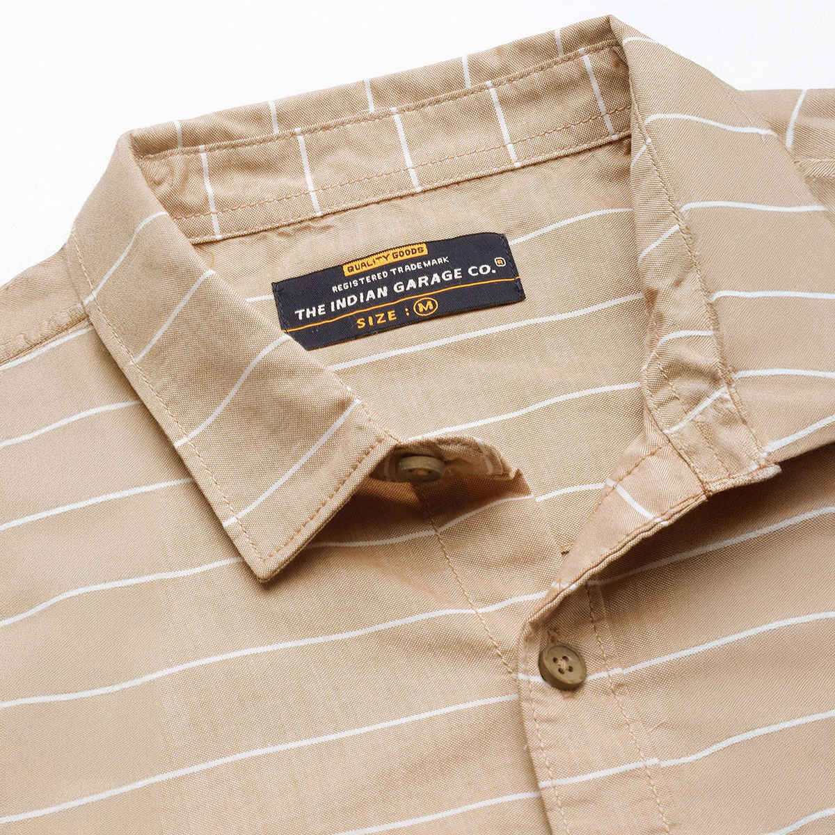 The Indian Garage Co Men's Slim Fit Striped Casual Shirt | Khaki - S