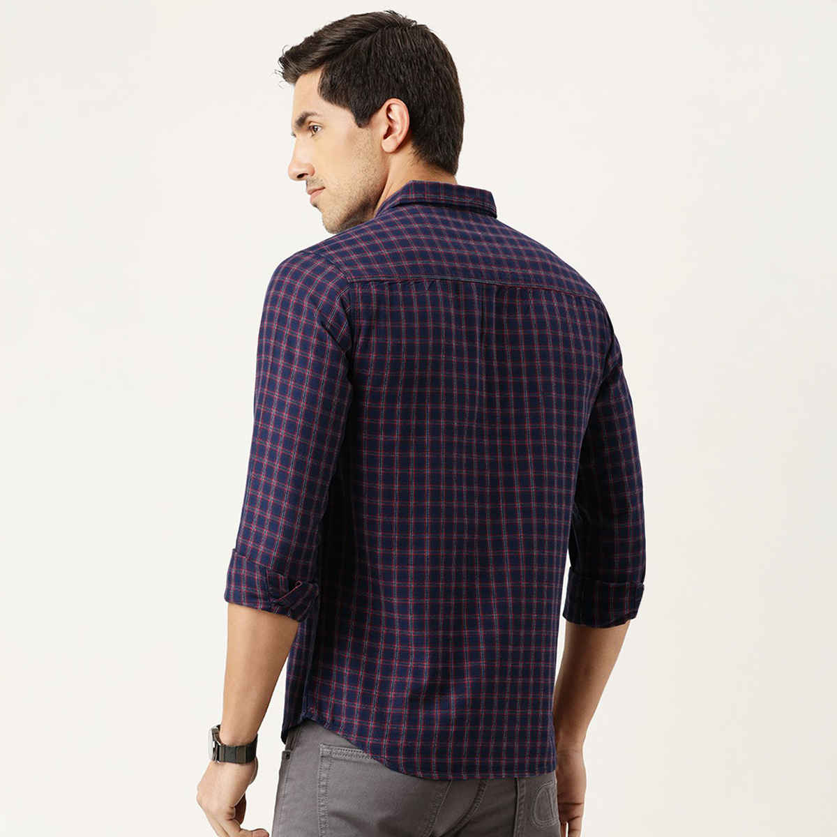 The Indian Garage Co Men's Slim Fit Checkered Casual Shirt | Navy Blue & Red - S