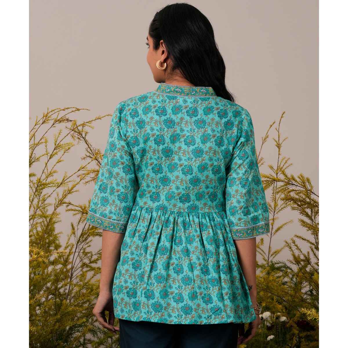 Libas Turquoise Cotton Floral Printed a | Line Kurti | Turquoise Blue | L