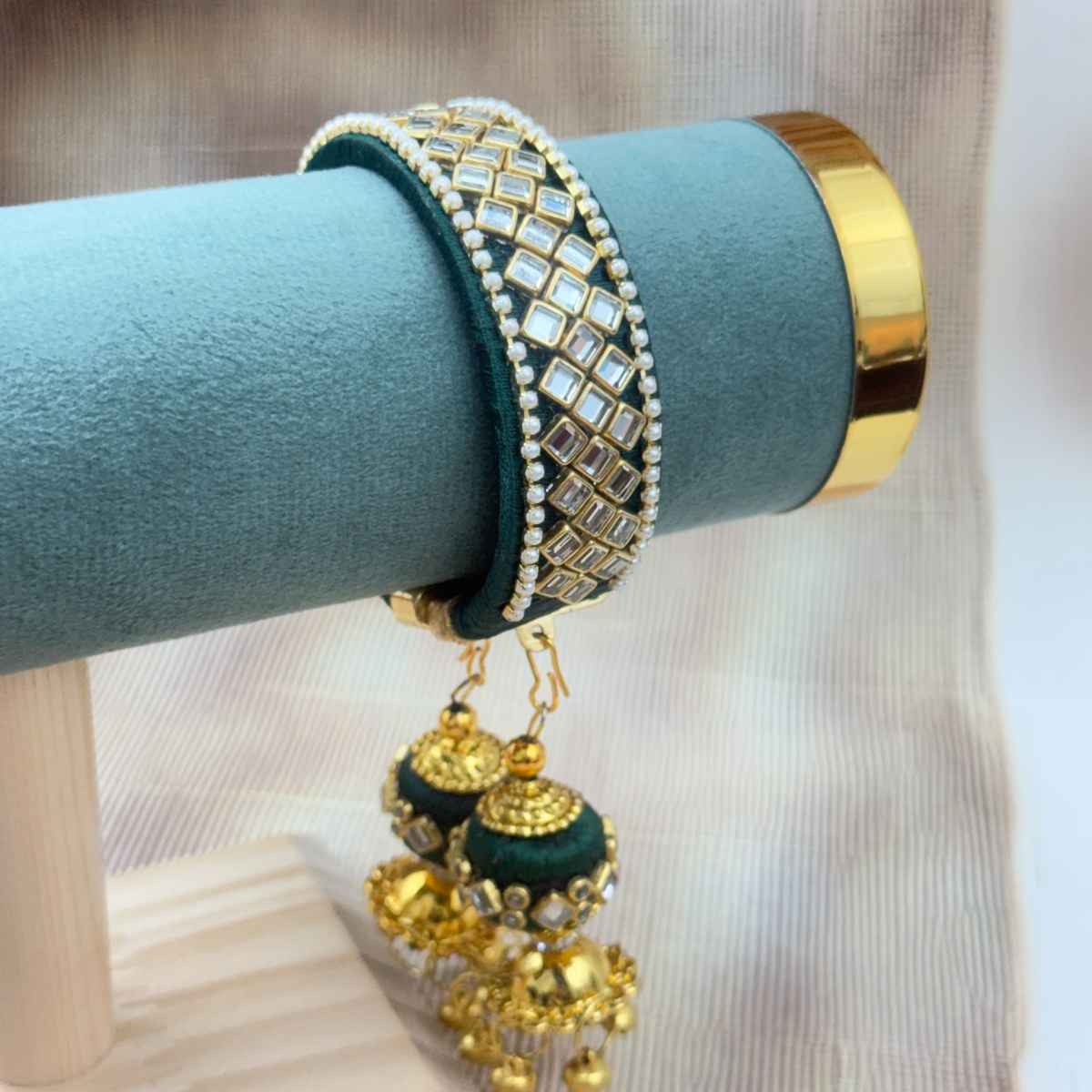 The Opal Factory Kundan Silk Thread Flexible Size Bangle | Jhumki Latkan | Green - Flexible