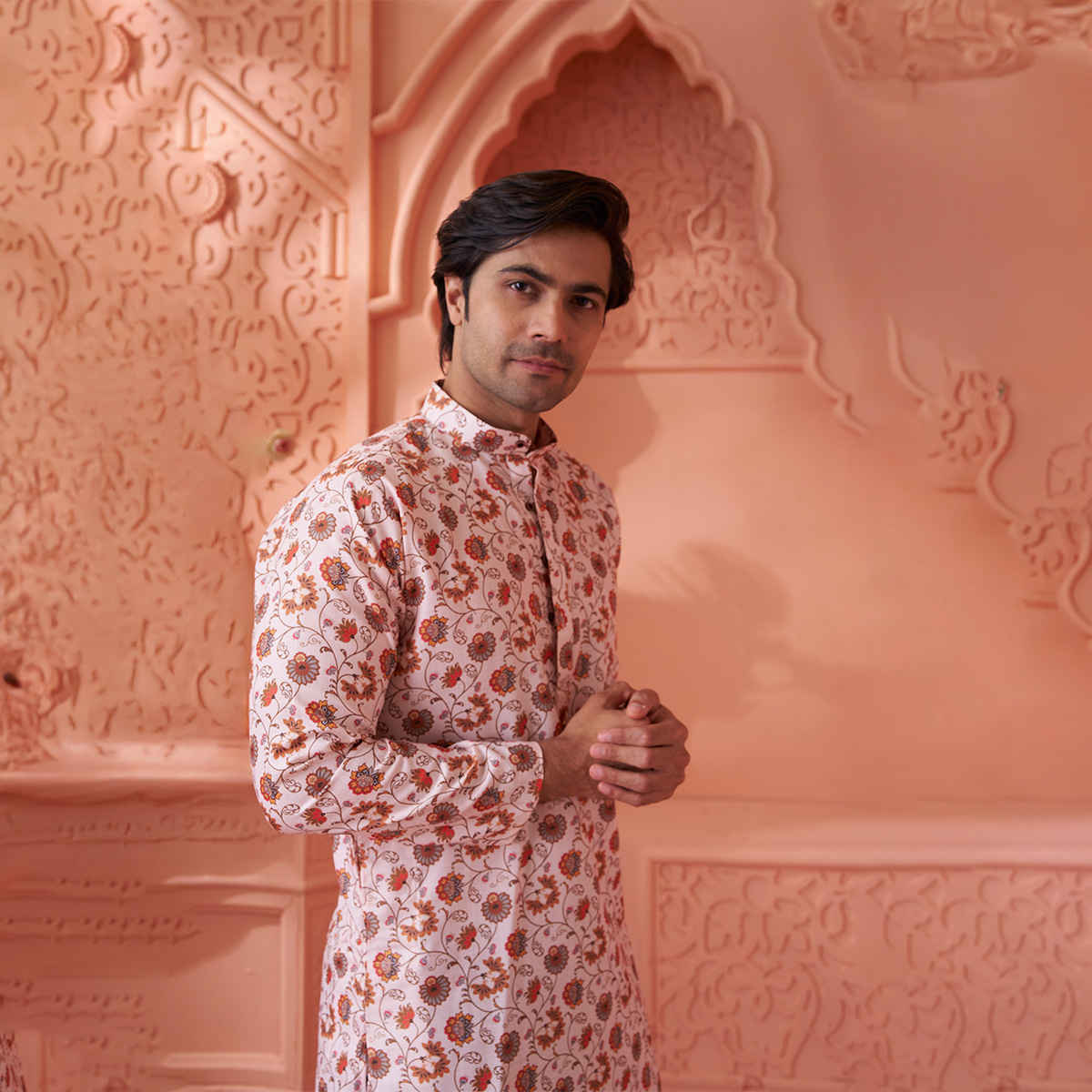 House Of Festivals Men's Printed Cotton Blend Long Kurta | Cream - L