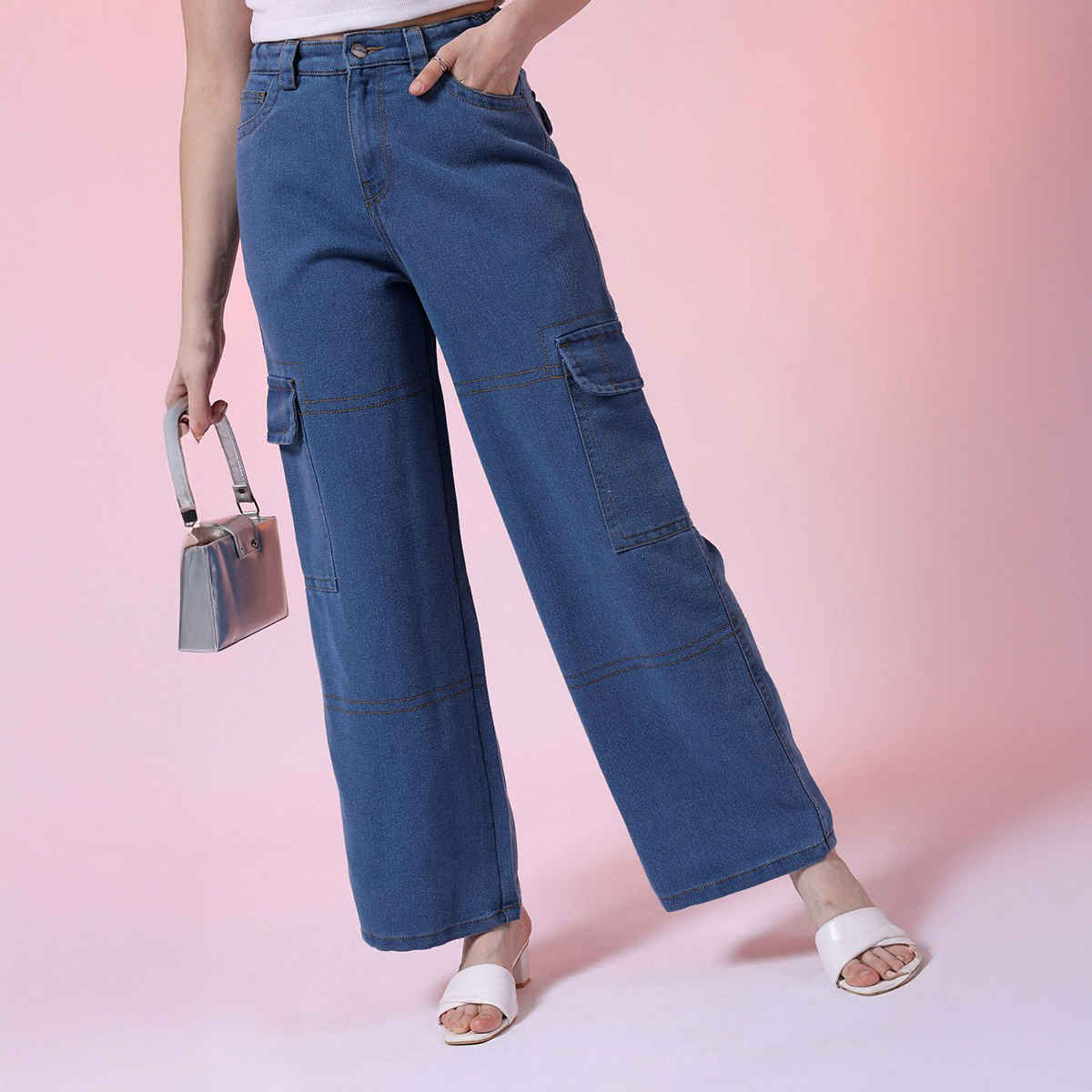 Freehand Women's Top Stitched Baggy Cargo Denim With Flap Pocket | Blue - 30