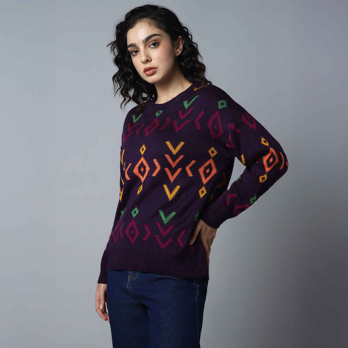 High Star Women's Geometric Printed Pullover | Purple - XL