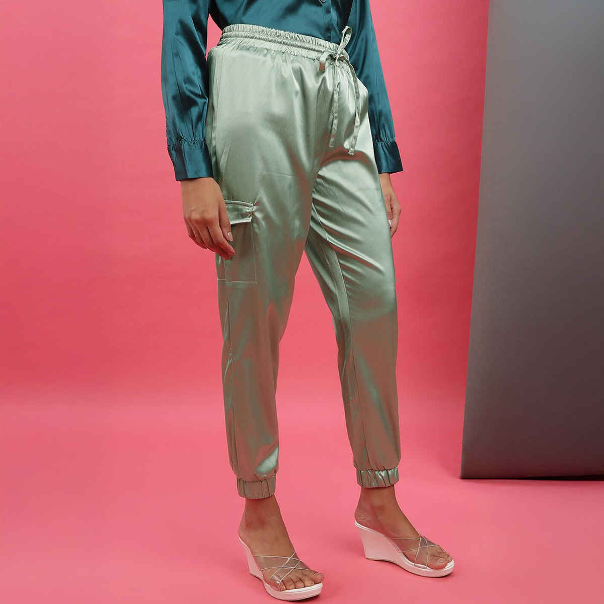 Freehand Women's Casual Cargo Joggers - Sage Green | Solid | Regular Fit | 30