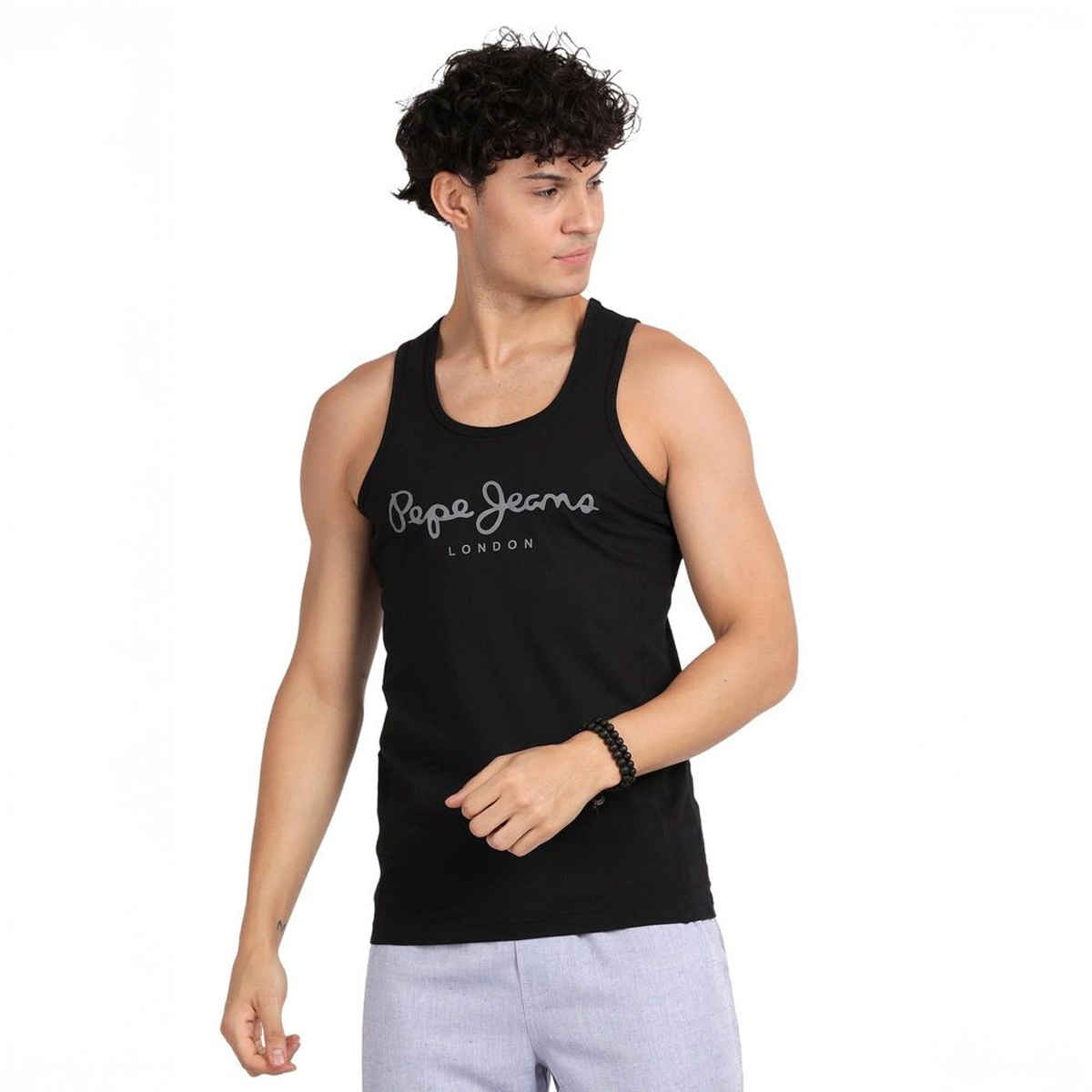 Pepe Jeans Mens Black Cotton Solid Gym Vest - Pack of 1 (L) Comfort Fit, Soft Fabric, Breathable