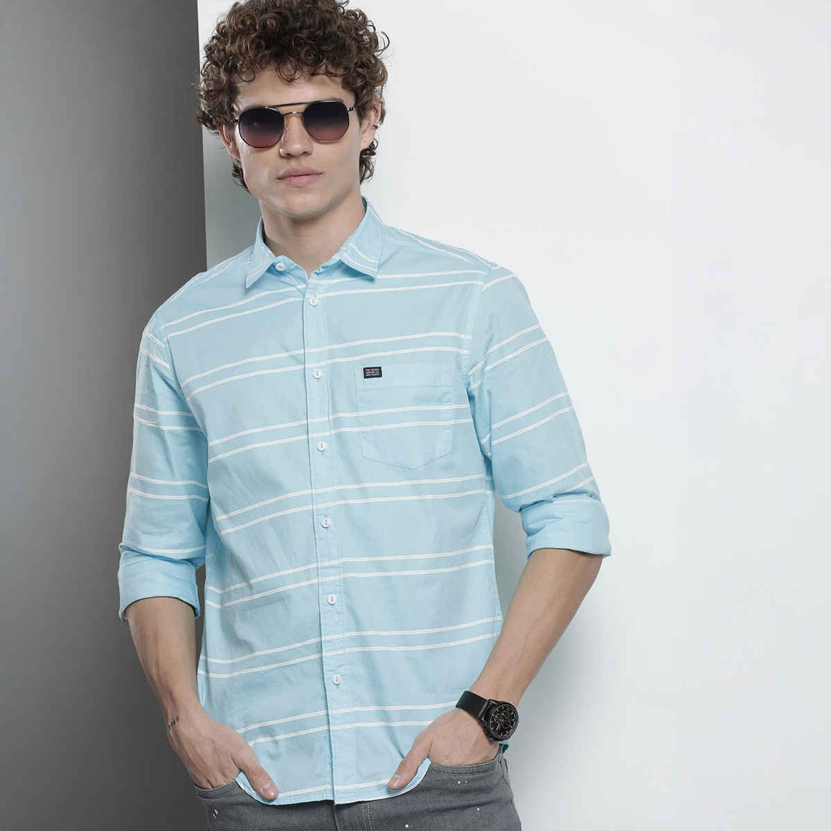 The Indian Garage Co Men's Slim Fit Striped Casual Shirt | Blue - S