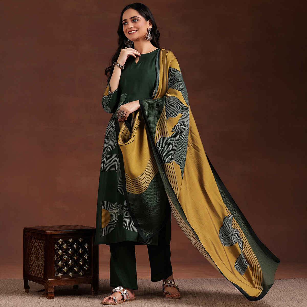 Libas Printed Silk Blend Straight Suit With Dupatta | 36771OH | Green - L