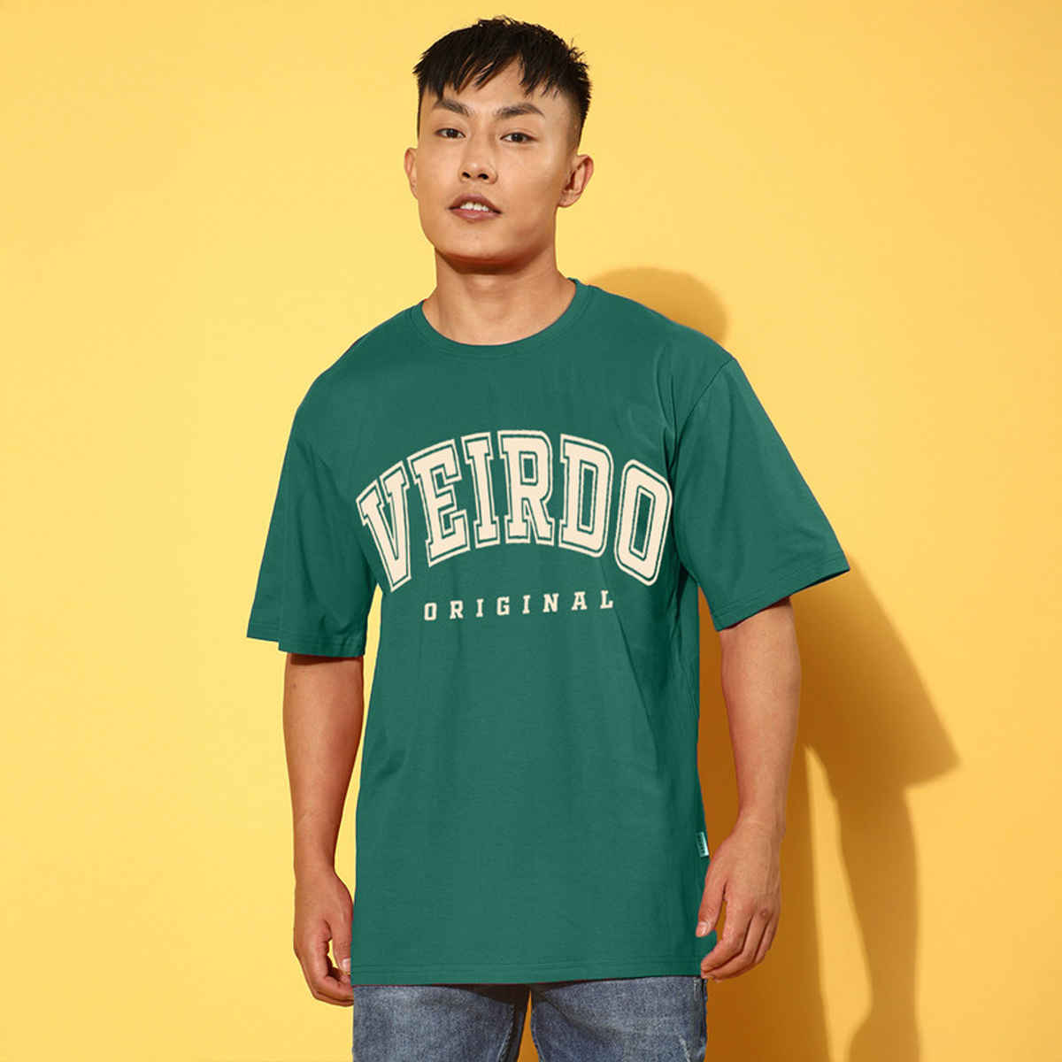 Veirdo Pure Cotton Oversized Fit Round Neck Green Printed T-Shirt For Men - L