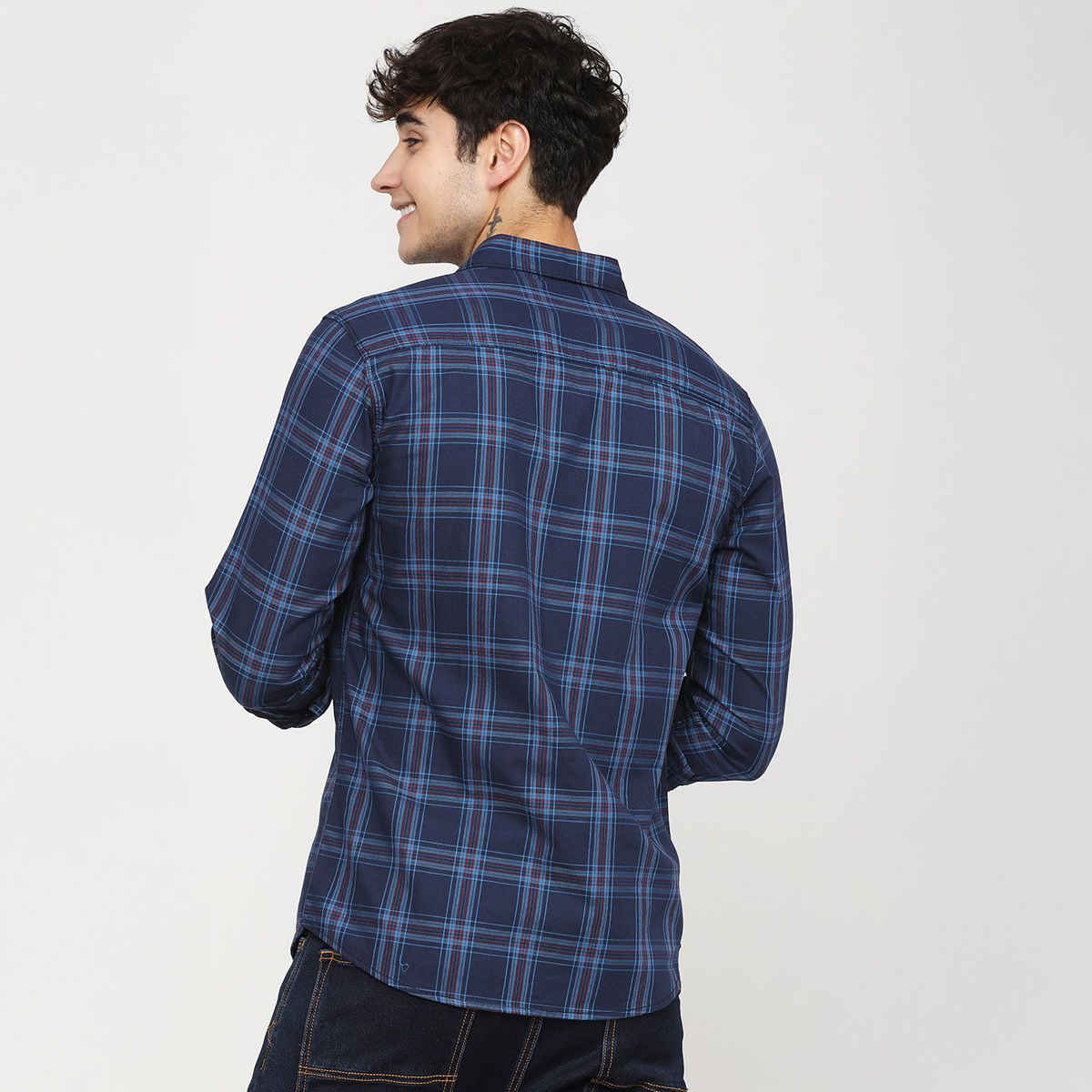 The Indian Garage Co Men's Slim Fit Checkered Casual Shirt | Navy Blue - 2XL