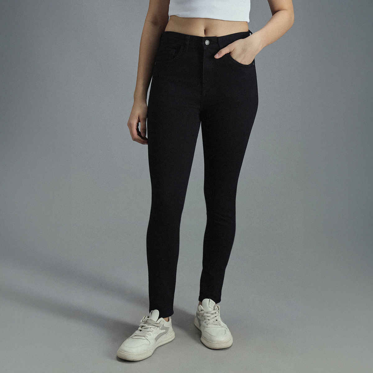 High Star Women's Skinny Fit High-Rise Clean Look Stretchable Jeans | Black - 28