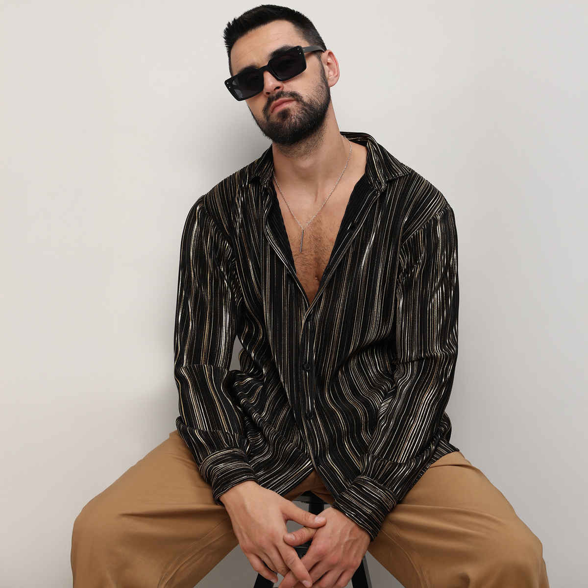 Campus Sutra Men's Pleat - Creased Shirt | Jet Black & Metallic Gold - L