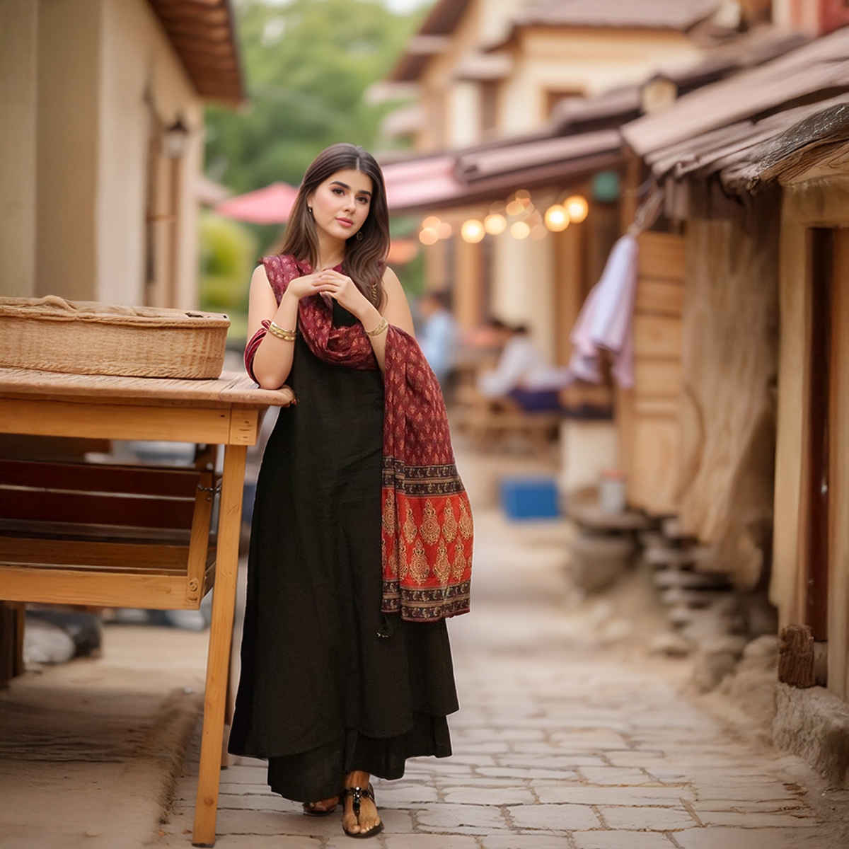 GoSriKi Women's Viscose Rayon Anarkali Solid Kurta with Pant & Dupatta | UMIKA | Black - L