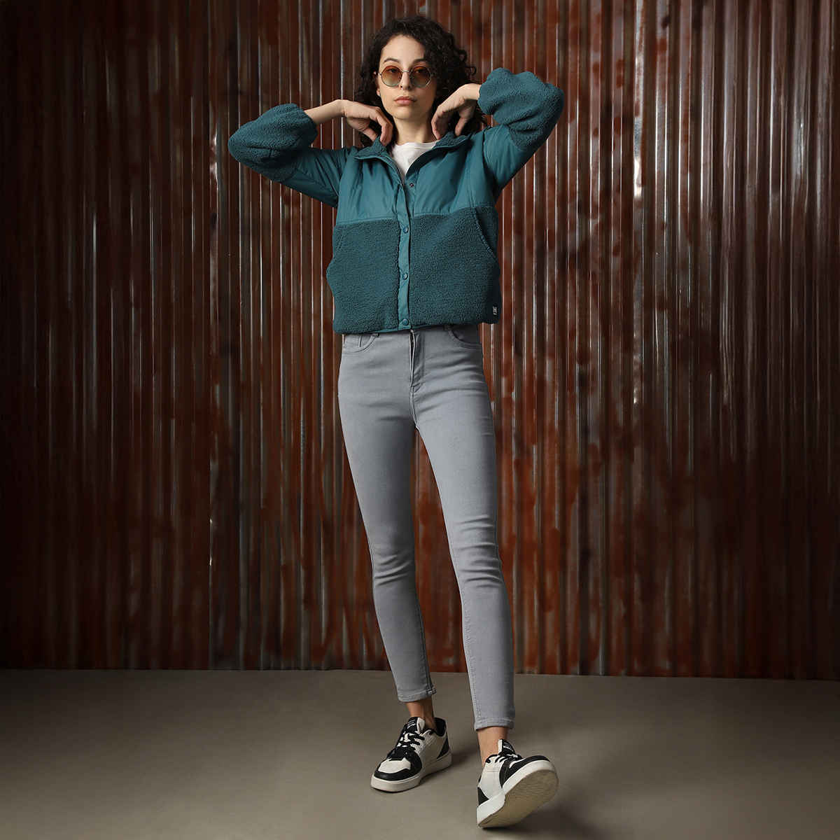 High Star Women's Self Design Shirt Collar Sweatshirt | Teal - S