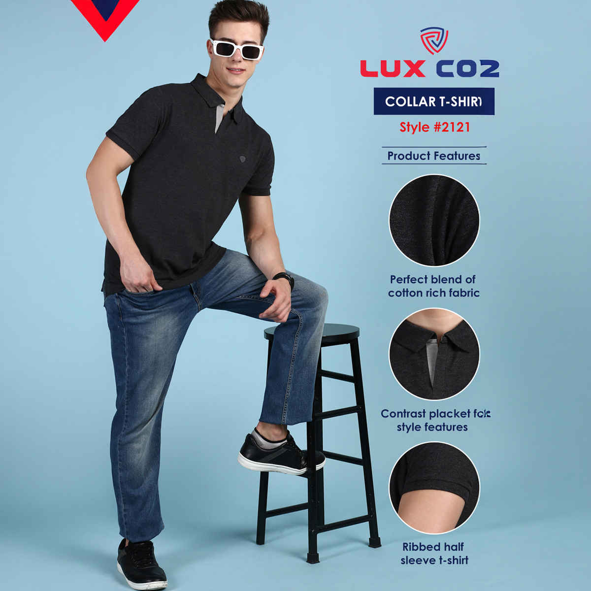 Lux Cozi Men's Solid Cotton Polo T-shirt | Black Melange - L