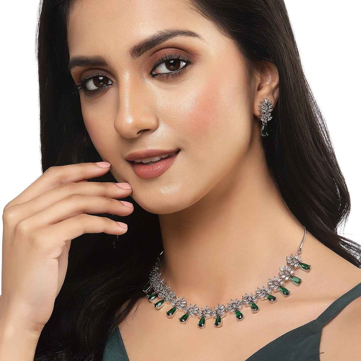 Zeneme Rhodium-Plated AD-Studded Jewellery Set For Women & Girls