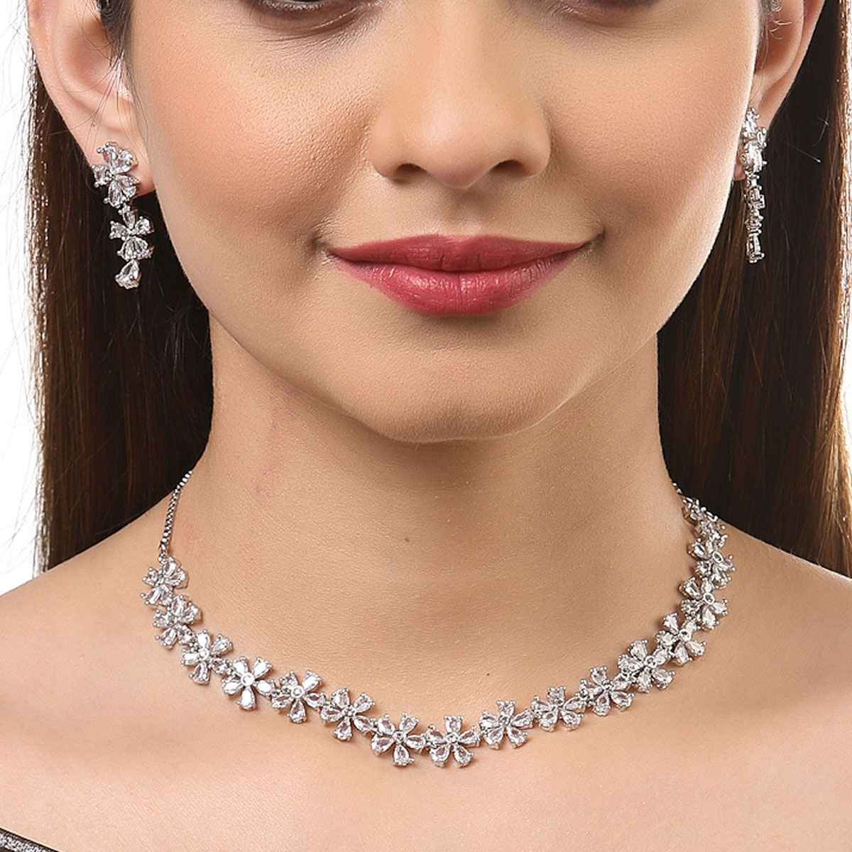 Zeneme Silver-Toned & White AD Stone-Studded Rhodium-Plated Jewellery Set For Women & Girls