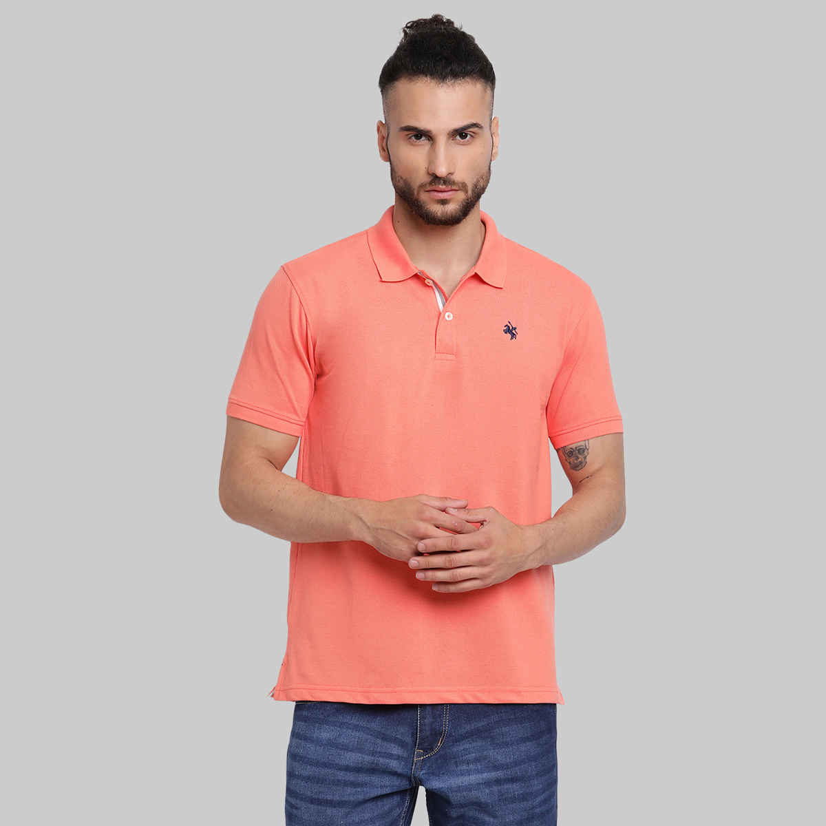Cantabil Men's Regular Fit Polo Collar Pure Cotton T-shirt | Coral - M