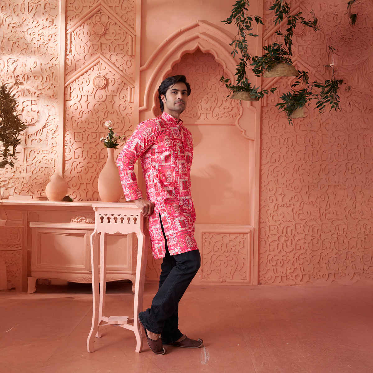 House Of Festivals Men's Printed Cotton Blend Long Kurta | Pink -L