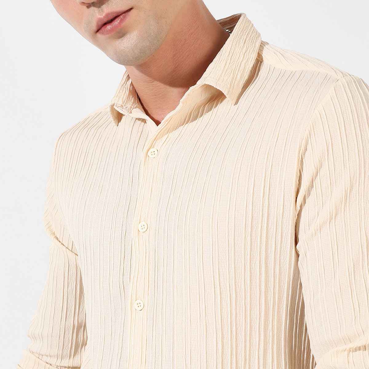 Campus Sutra Men's Self - Design Striped Shirt | Yellow - M