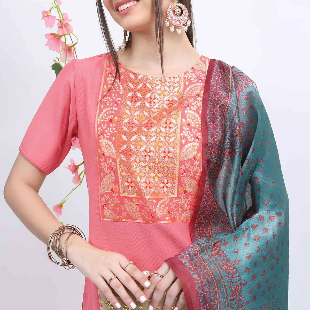 KETCH Women's Ethnic Motifs Printed Round Neck Kurta & Palazzos with Dupatta | Coral - L