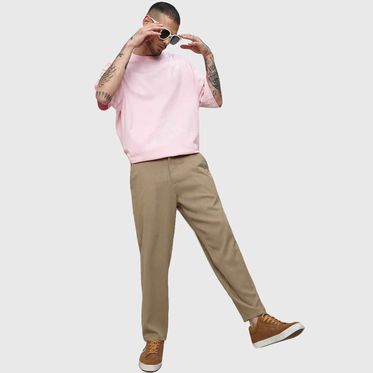 Campus Sutra Men's Solid Tailored Trousers | Brown Beige - 30