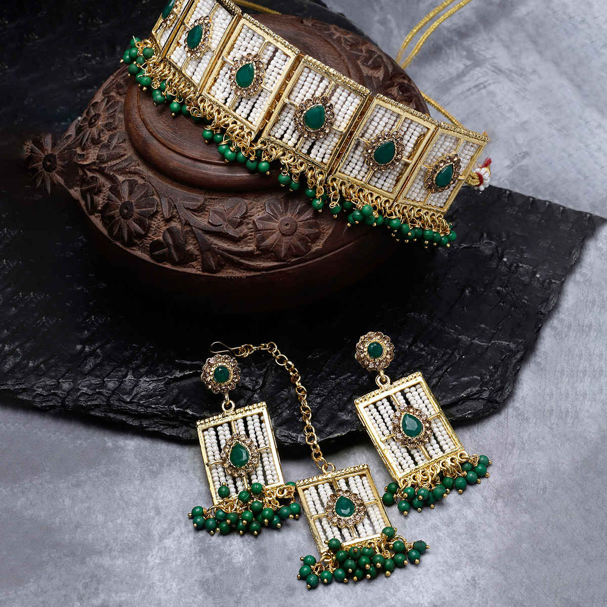 Sukkhi Urban Gold Plated Green Beads Studded Collar Necklace Set