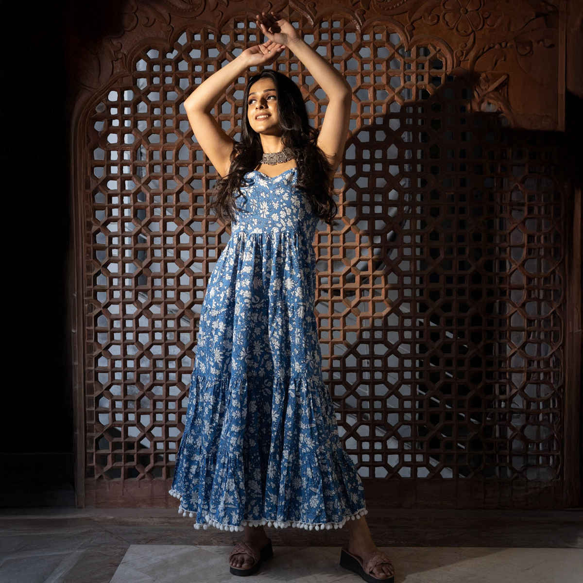 Divena Women s Indigo Floral Printed Shoulder Strip Long Dress | DK0694 | S