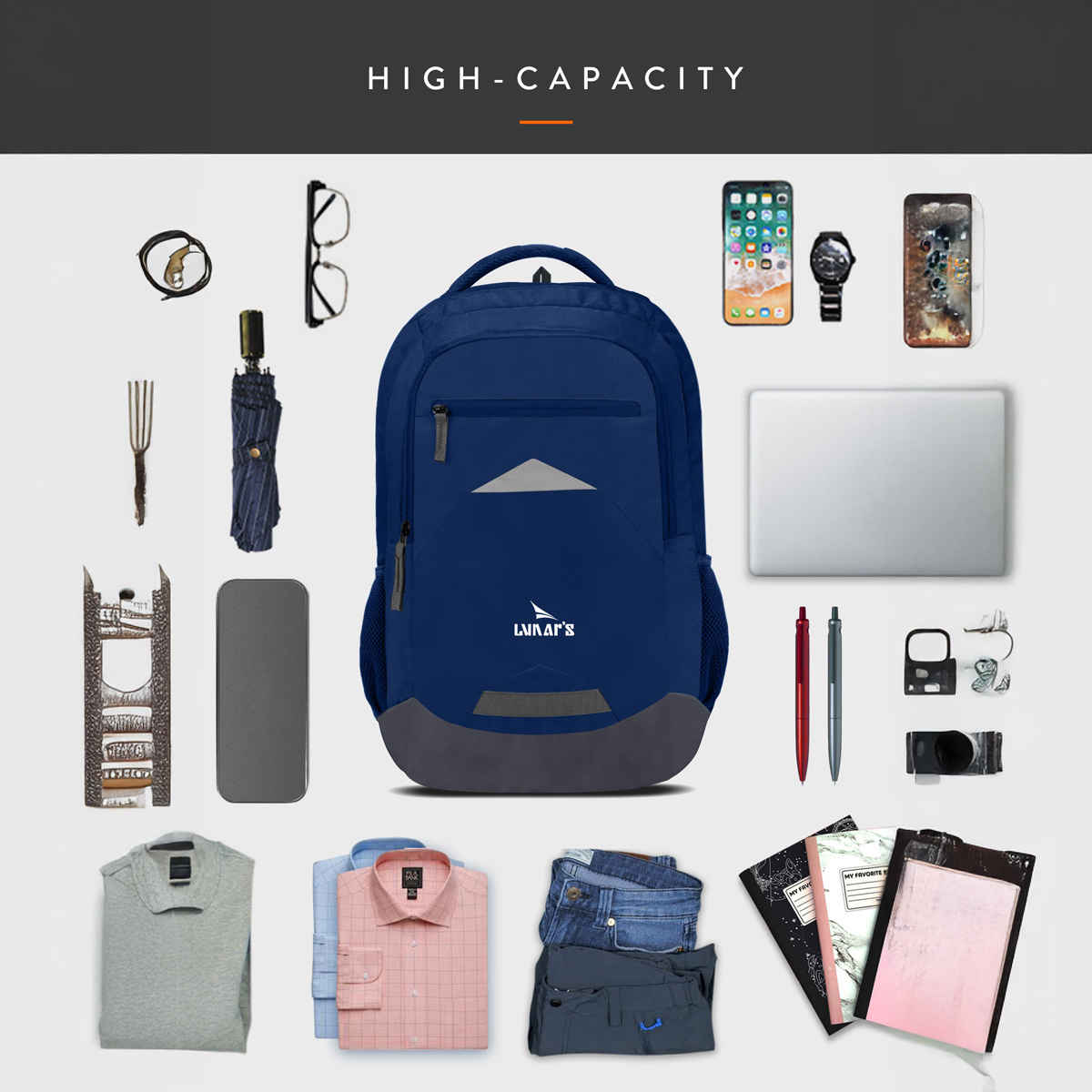 Lunar's Unisex Solid Polyester 48 L Laptop Backpack | Navy Blue - 13, 14, 15, 15.6