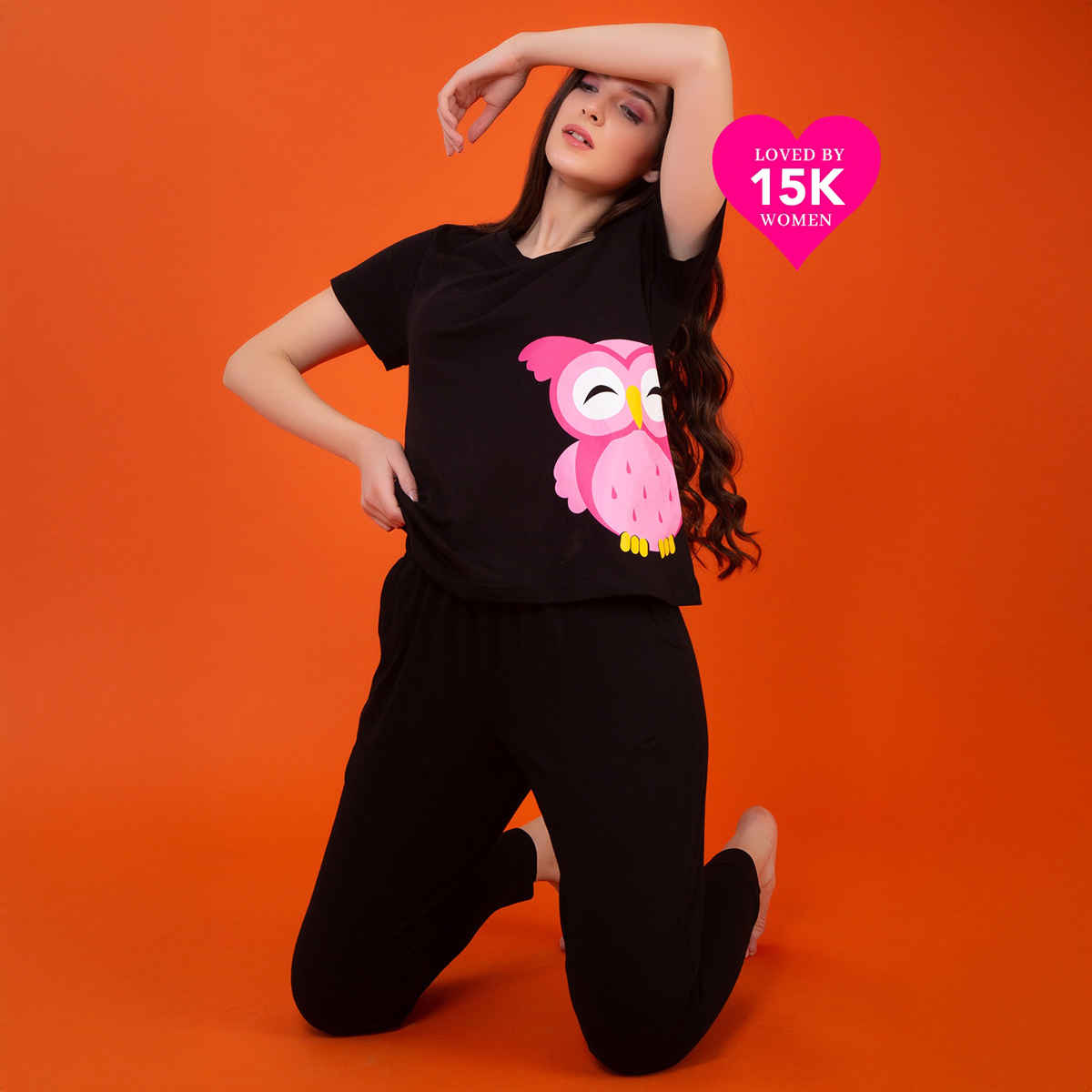 Clovia Owl Print Top & Pyjama - 100% Cotton | Black | S