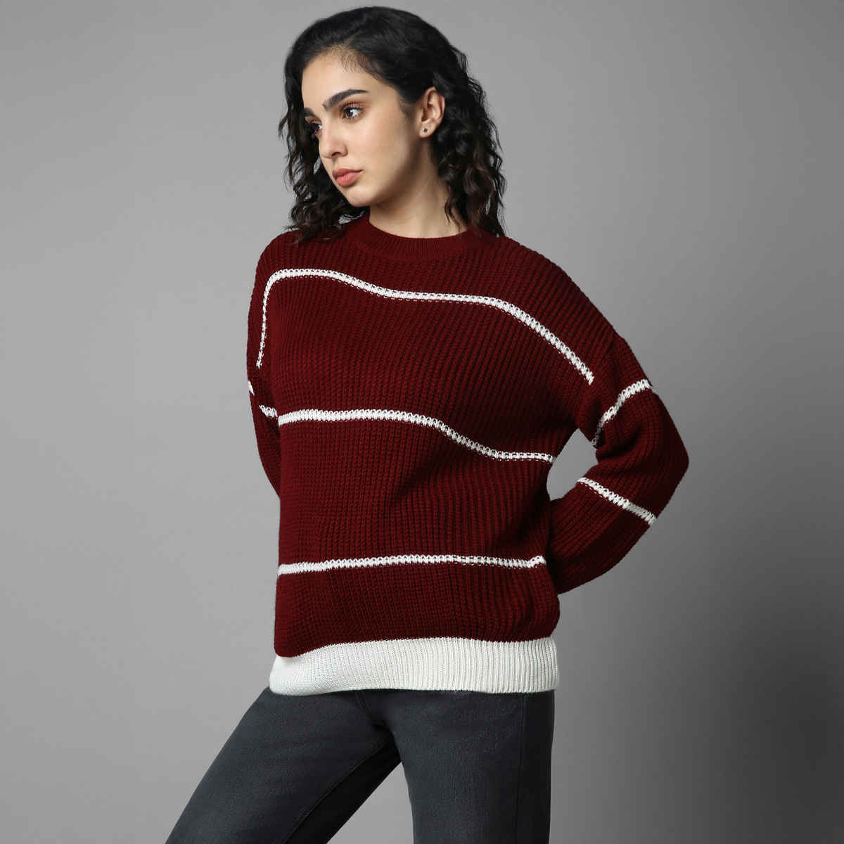 High Star Women's Striped Pullover | Maroon - XL