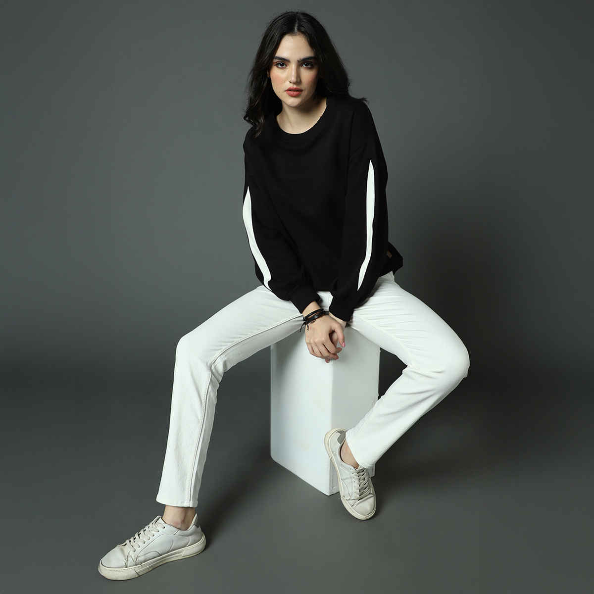 High Star Women's Ribbed Round Neck Full Sleeves Pullover Sweater | Black - S