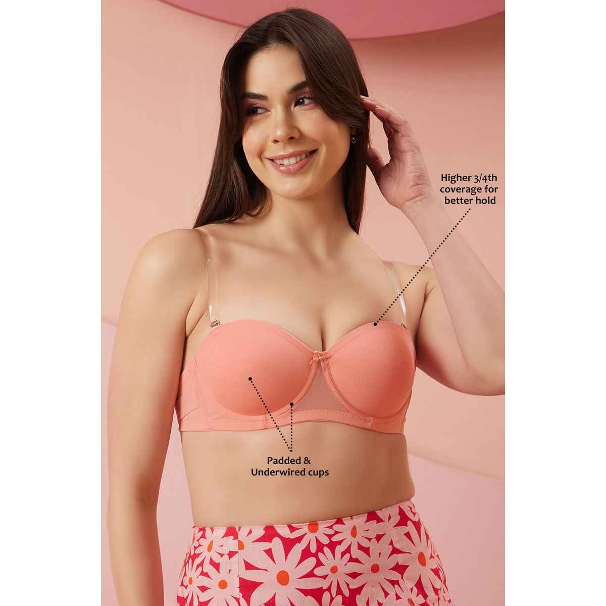 Clovia Women Padded Wired Demi Cup Strapless T-Shirt Bra with Clear Straps & Band | Peach | 32D