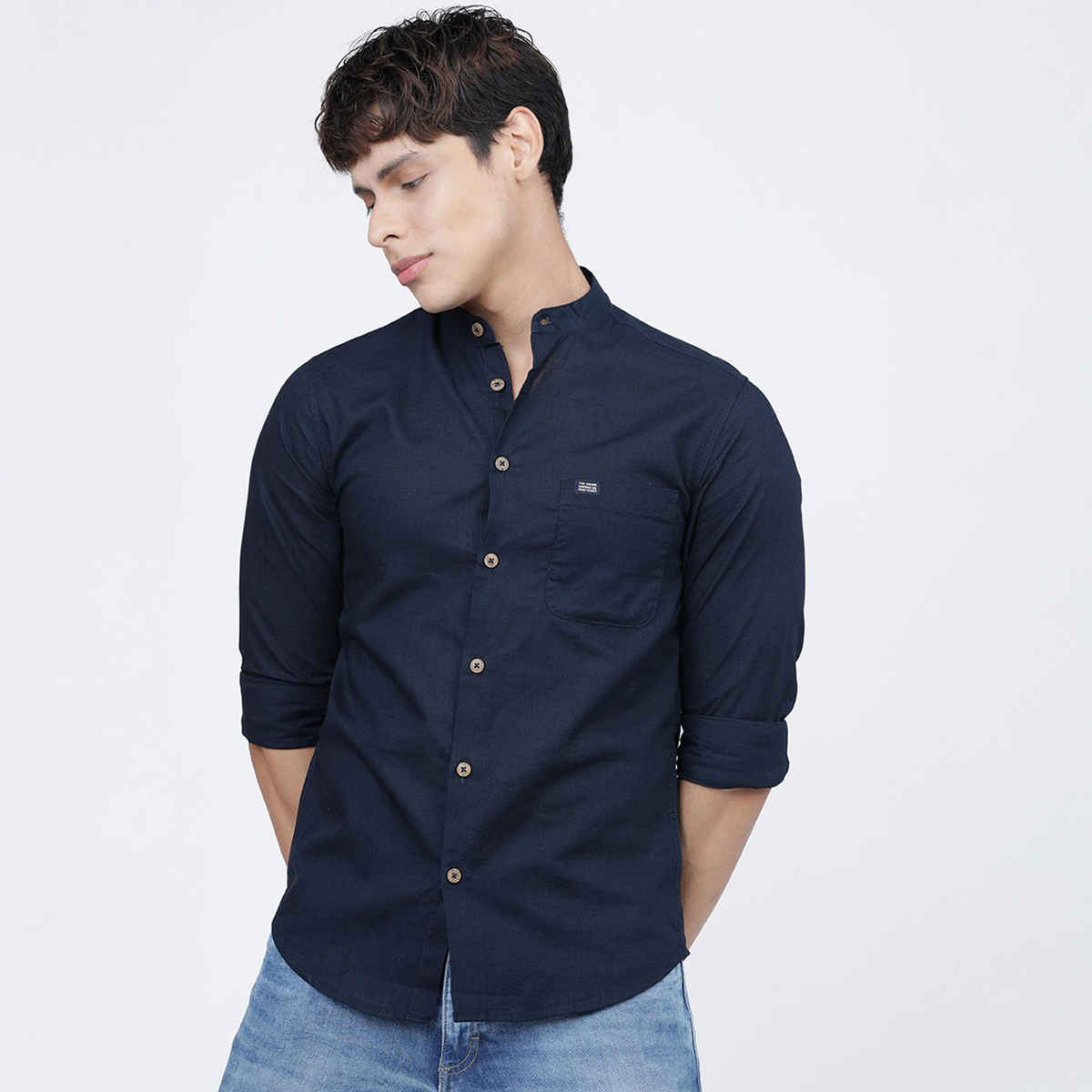 The Indian Garage Co Men's Slim Fit Solid Casual Shirt | Navy Blue - S