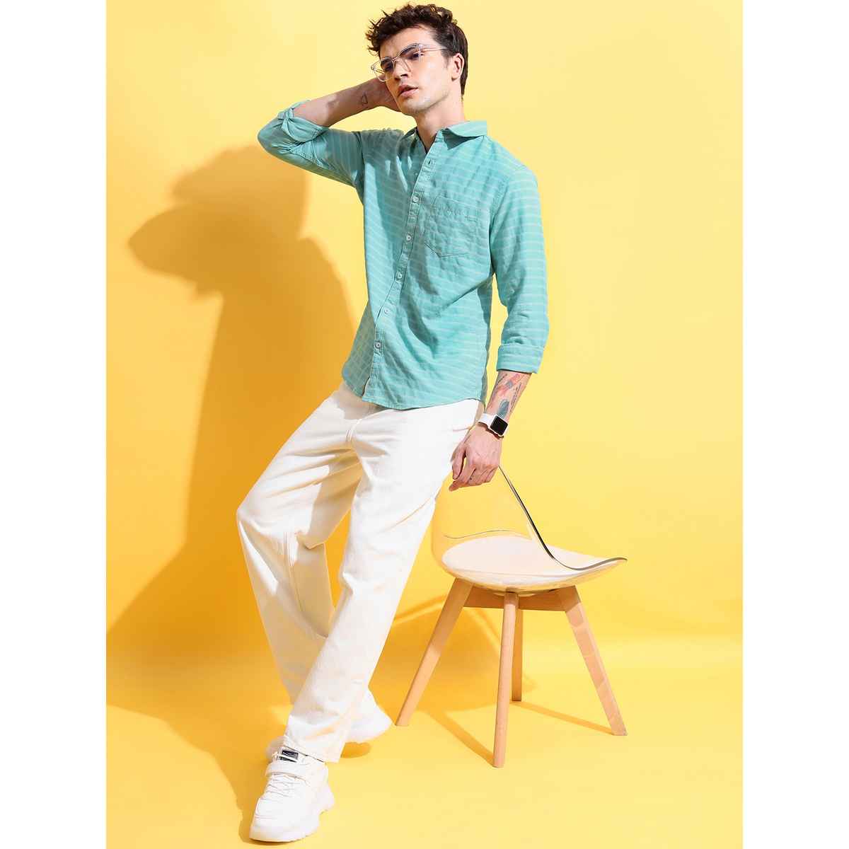 Ketch Men Horizontal Striped Slim Fit Casual Shirt | Green | S