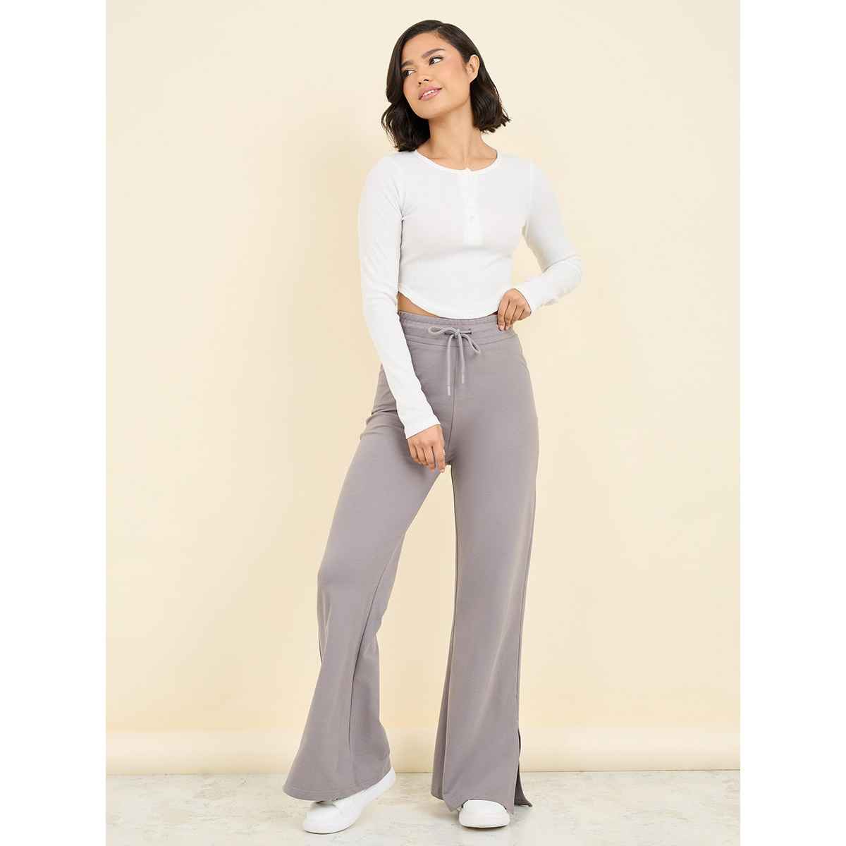 Styli Women's Slim Fit Joggers with French Terry Fabric and Hem Slit | Grey Melange - S