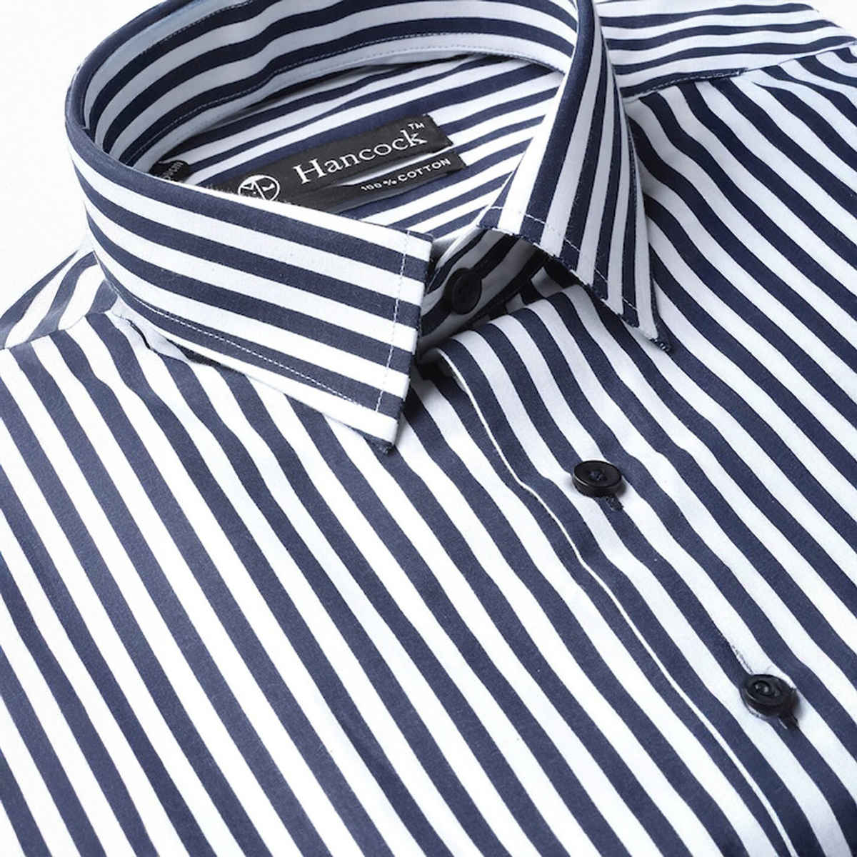 Hancock Men's Striped Spread Collar Long Sleeves Pure Cotton Formal Shirt - White & Navy | 40