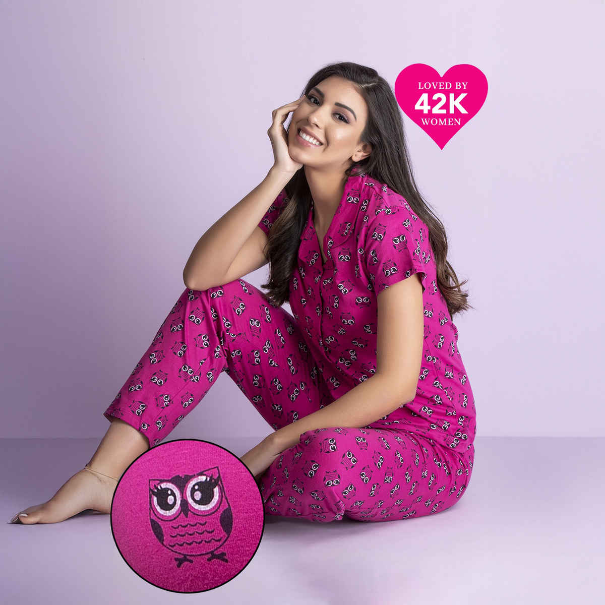Clovia Owl Print Button Down Shirt & Pyjama Set - Cotton Rich(Magenta - Xxl)