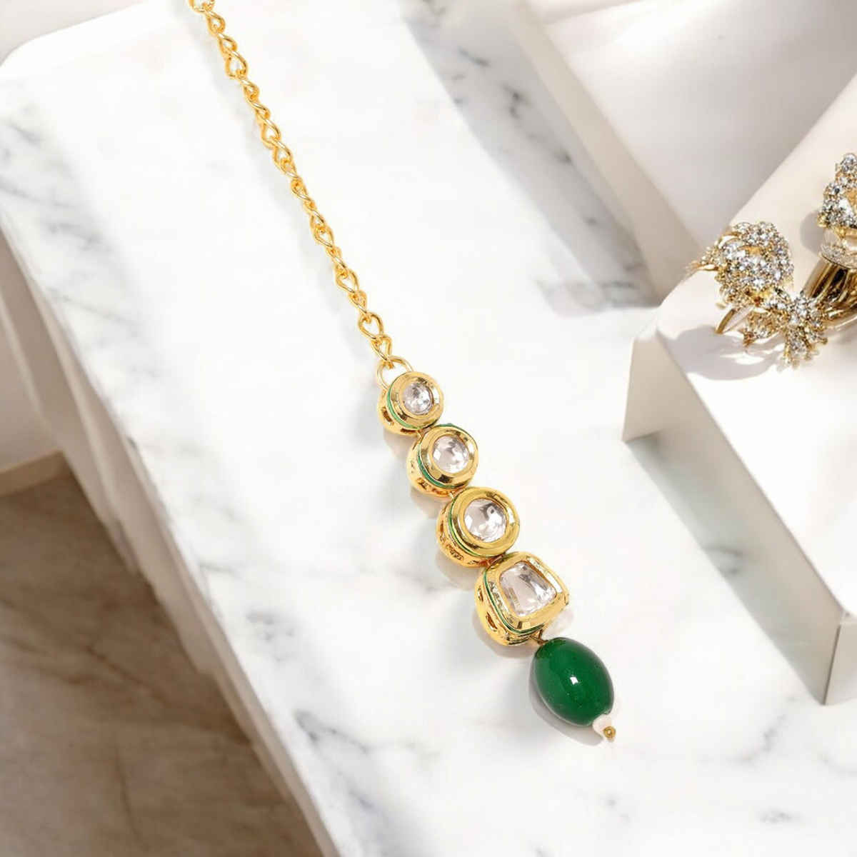Priyaasi A Symphony Kundan Maangtika With Gold Plated And Green Bead