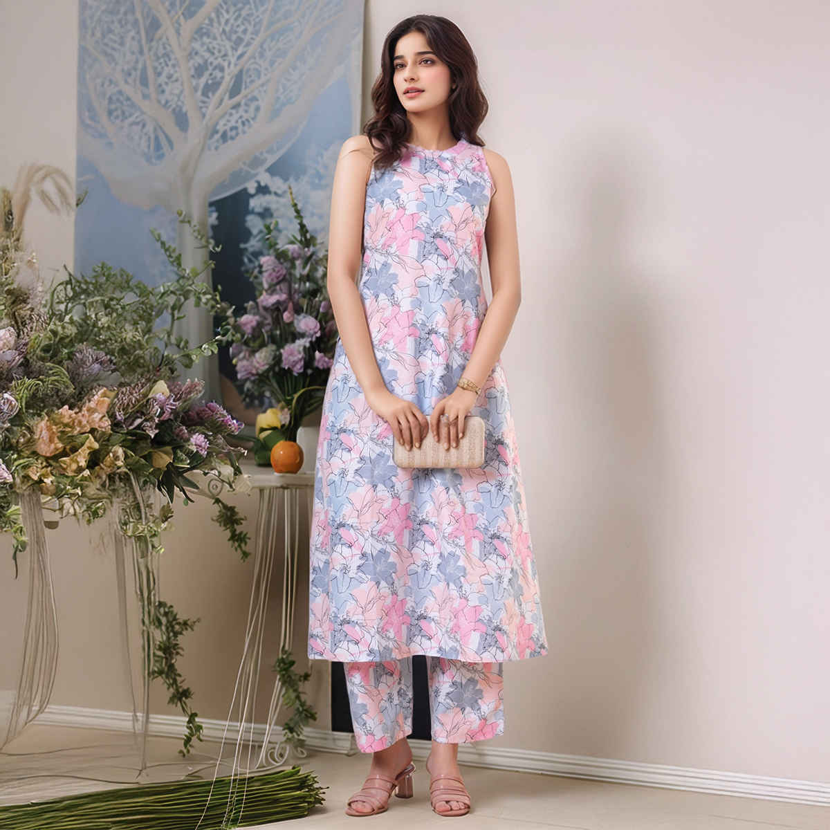 GoSriKi Women's Viscose Rayon Straight Printed Kurta with Pant | SBL | Grey - S