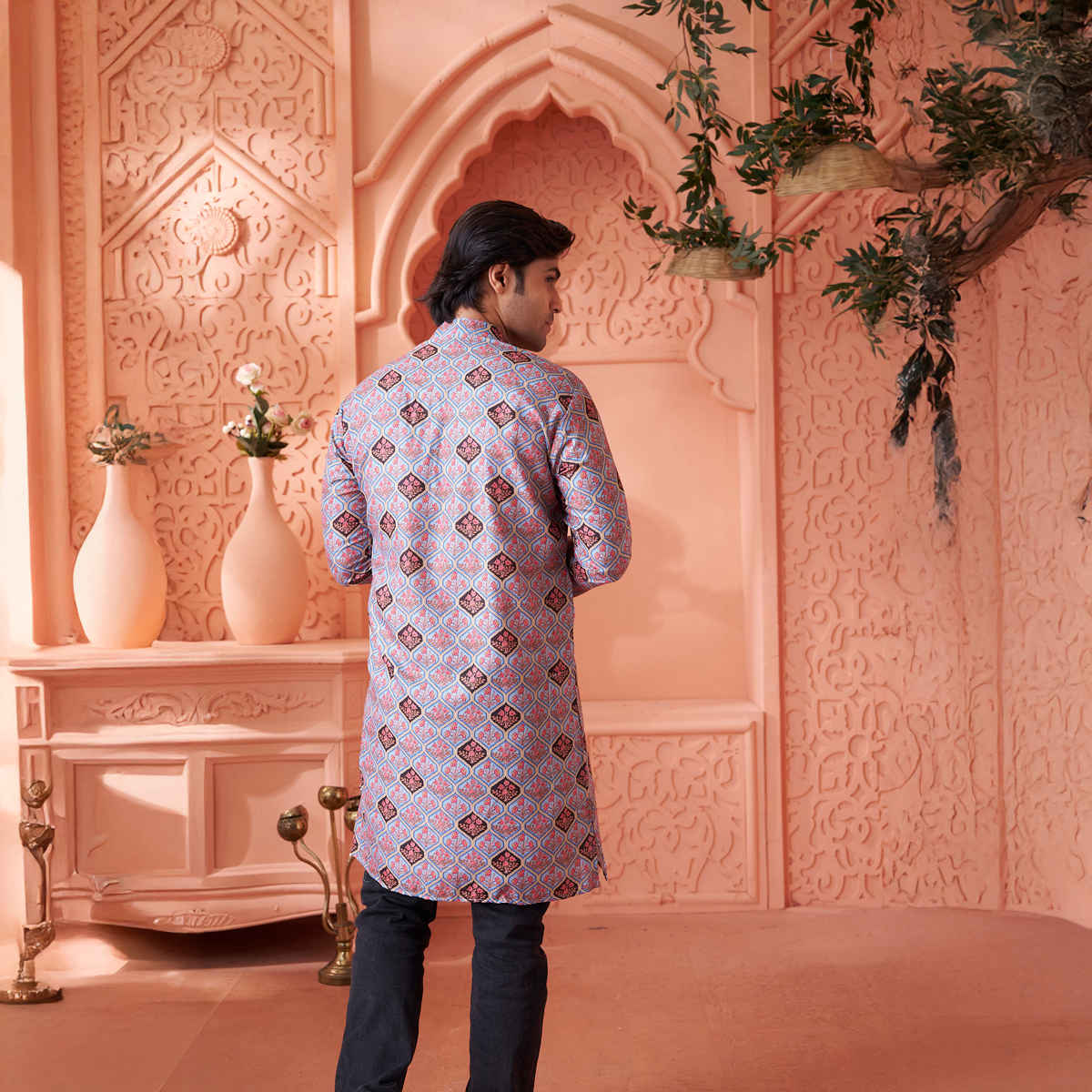 House Of Festivals Men's Printed Cotton Blend Long Kurta | Light Blue - M