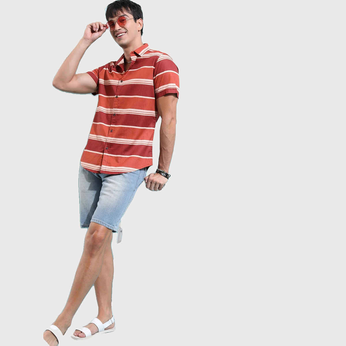 Ketch Men Horizontal Striped Spread Collar Cotton Slim Fit Casual Shirt | Brown | L