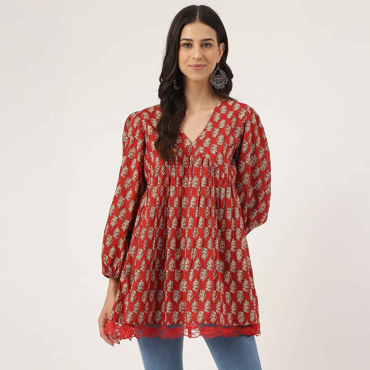 Divena Women's Floral Cotton Pemplum Style Tunic | DK0900 | Red | L