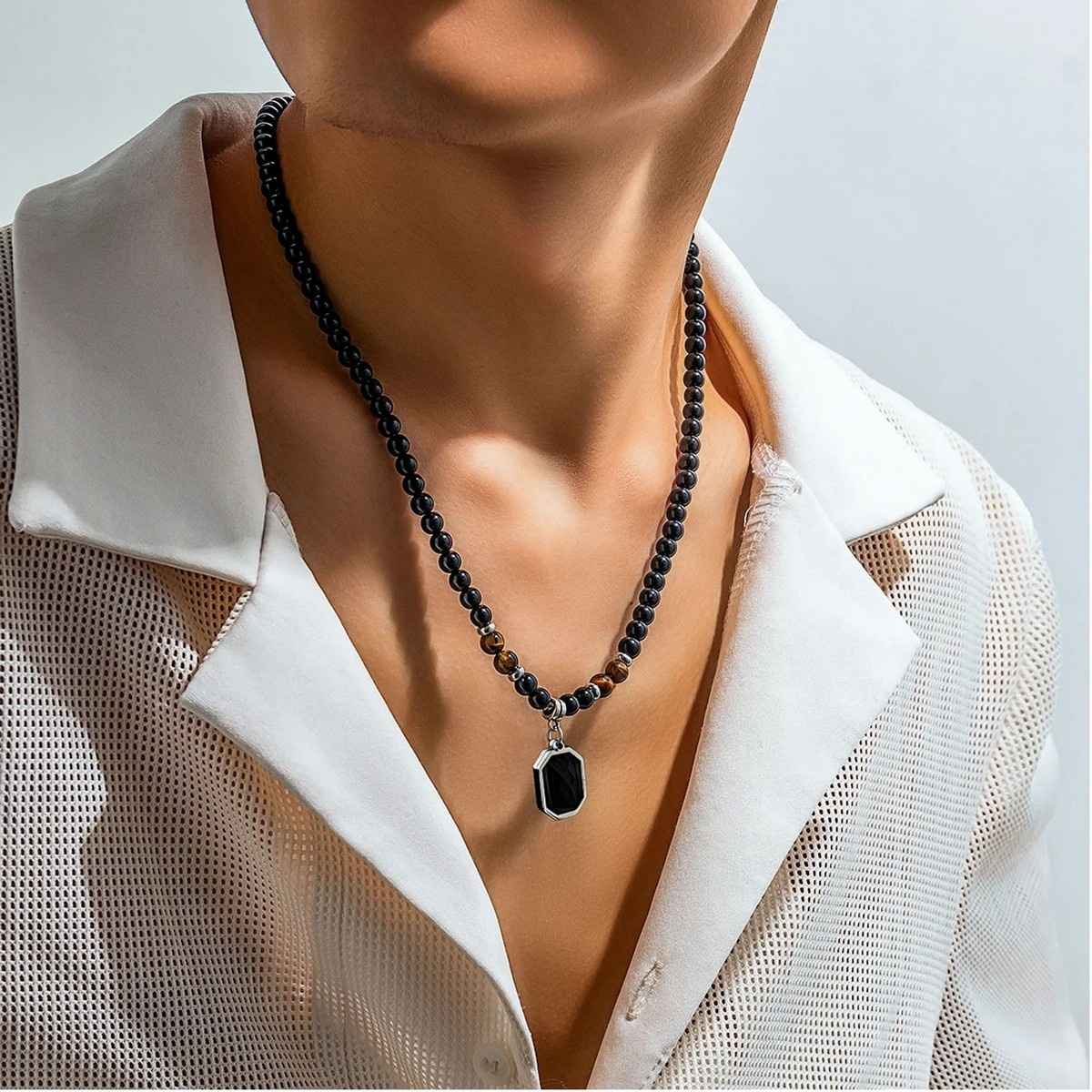 Fashion Frill Men's Beaded Pendant Chain Black Onesize