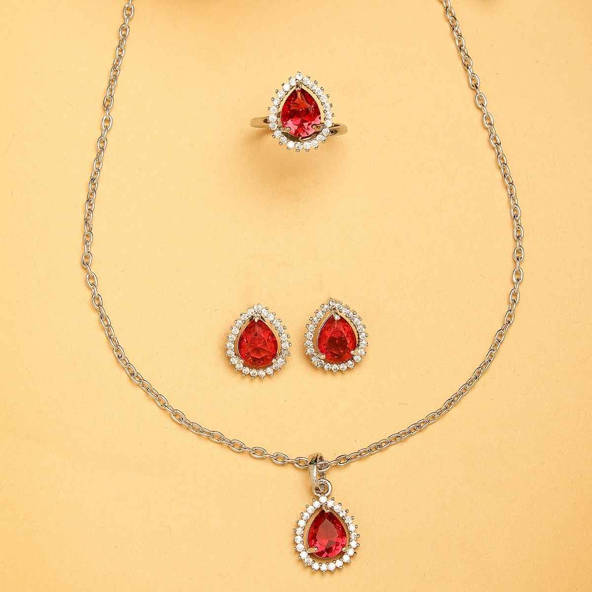 Zeneme Rhodium-Plated Red American Diamond Necklace and Earrings With Ring For Women & Girls