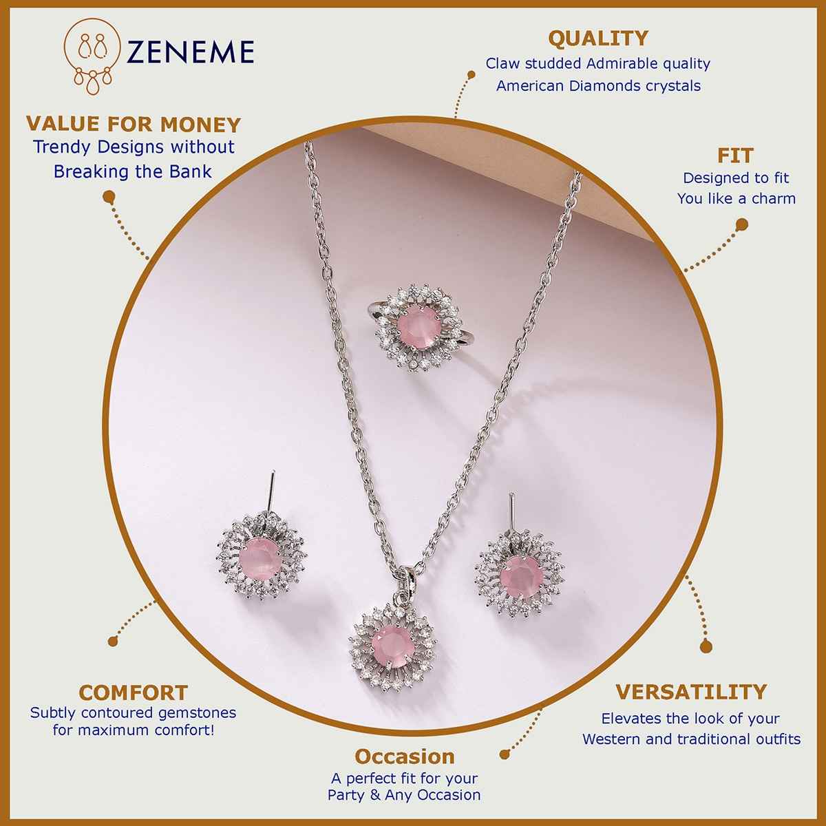 Zeneme Rhodium-Plated Pink AD Crystal Round Necklace Earrings Ring For Women & Girls